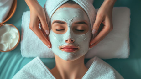 A woman experiencing a soothing facial treatment with a clay mask.の素材