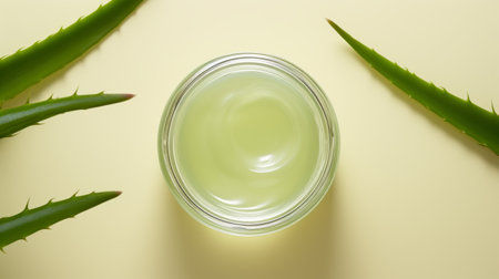 Transparent glass jar of aloe vera gel. Aloe vera plant on background. Natural cosmetic and medicinal remedy.の素材