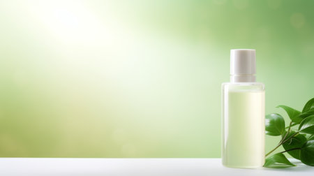 Cosmetic bottle with tropical leaves on the green background with copy space, template mockup for cosmetic packaging, product advertising conceptの素材