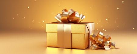 Beautiful golden gift box on light table against blurred festive lights. Christmas concept front viewの素材