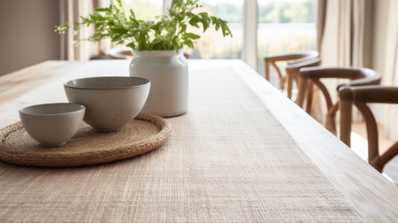Modern dining setting with simple tableware and a touch of nature from a ceramic vase.の素材