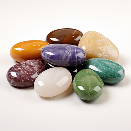 Semi-precious stones of different colors on white backgroundの素材