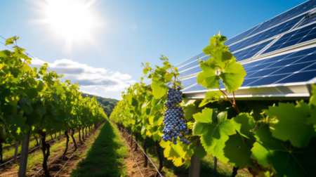 Solar panels facing the sun, supplying power to batteries in a shed. Low carbon footprint to pump water from a dam to irrigate grape vines.の素材