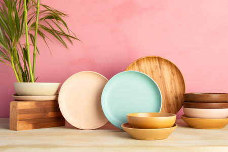 A variety of colorful ceramic bowls neatly stacked against a soft blue and yellow backdropの素材