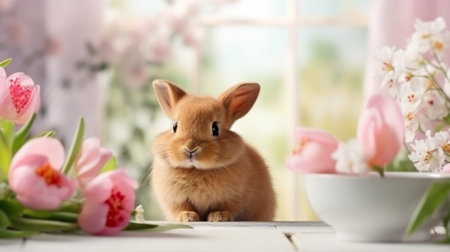 Adorable Easter Bunny Among Pastel Eggs and Spring Flowers.の素材