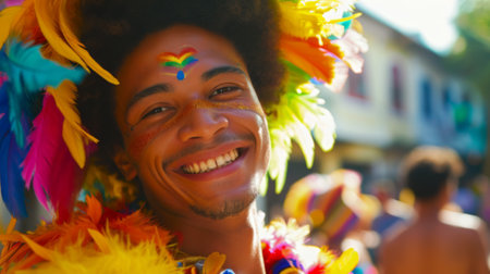Cheerful man adorned with vibrant feathers and face paint at a carnivalの素材