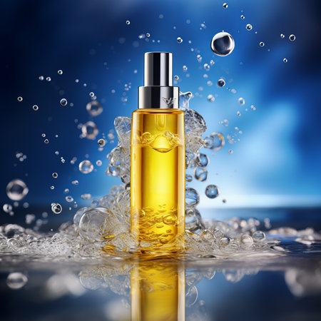 Beauty product bottle mockup, cosmetic container in liquid splash, skincare product packaging front view commercial templateの素材