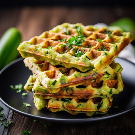 Zucchini waffle, zucchini fritters cooking on waffle maker, vegetarian zucchini pancakesの素材