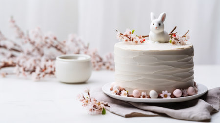 White cake decorated with chocolate Easter eggs and spring flowers banner, Easter holidayの素材