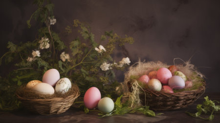 easter eggs on the nest on a dark background, artistic vintage Easter conceptの素材