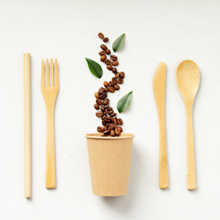 Coffee Beans and Leaves with Eco Utensilsの写真素材