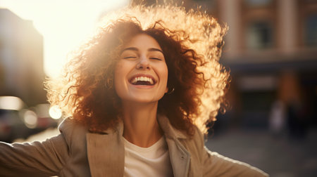 A radiant woman with curly hair, smiling warmly in an urban setting during autumnの素材