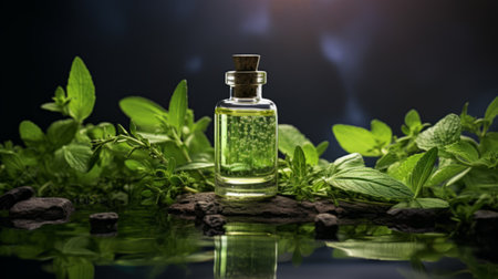 An assortment of essential oil bottles with fresh plants from which they're derived, like lavender, peppermint, and rosemary, arranged on a wooden surfaceの素材