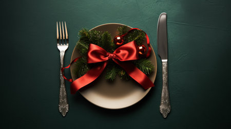 Elegant Christmas dining with decorated plate, cutlery, and red ribbonの素材