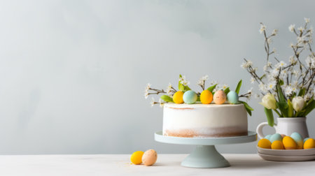 White cake decorated with chocolate Easter eggs and spring flowers banner, Easter holidayの素材