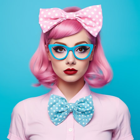 Stylish woman with vibrant pink hair and colorful retro outfitの素材