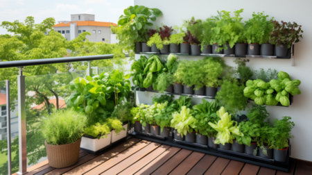 Vertical garden on a high-rise apartment balcony, filled with a variety of wildflowers and green foliage, creating a lush oasis amidst the urban environmentの素材