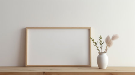 A mockup with a blank frame beside decorative vases and a green plantの素材
