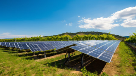 Solar panels facing the sun, supplying power to batteries in a shed. Low carbon footprint to pump water from a dam to irrigate grape vines.の素材