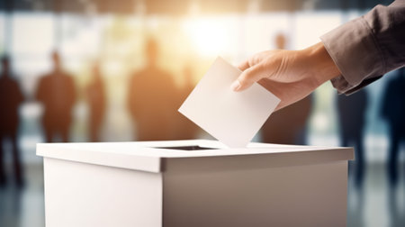 Ballot box with person casting vote on blank voting slipの素材