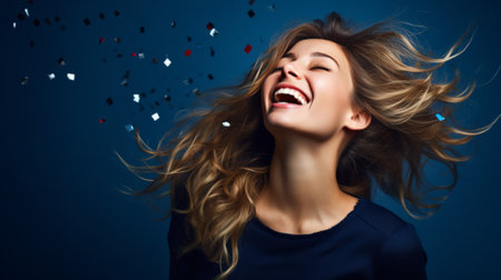 Portrait of an excited young woman celebrating success, yellow backgroundの素材