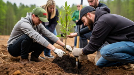 A diverse family honors a loved one's memory by jointly planting a tree in a serene forest, symbolizing life, love, and legacyの素材