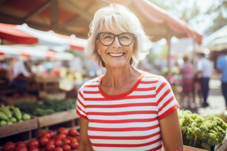 Portrait of smiling senior woman buying fruits and vegetables at local farmers market.の素材