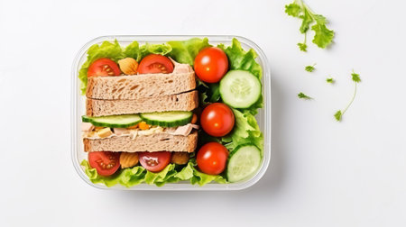 Wholegrain sandwich with fresh salad in a transparent lunch boxの素材