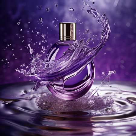 Beauty product bottle mockup, cosmetic container in liquid splash, skincare product packaging front view commercial template, dark purple mystic backgroundの素材