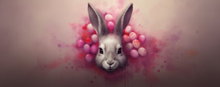 An artistic Easter arrangement on a dark background with Easter bunny and eggsの素材