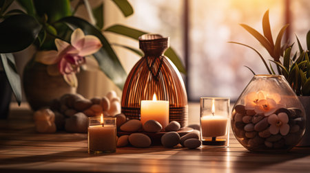Spa, aromatherapy and candles on table for zen, calm and peace to relax for health and wellness. Stones, flowers and diffuser for self care, holistic massage and hospitality at a beauty salonの素材