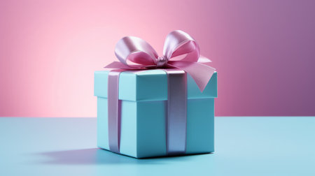 Gift box with ribbon on pink background close-up.の素材