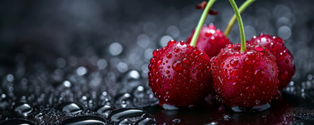 A solitary red cherry with water droplets against a dark backdropの素材
