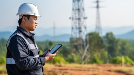 A young engineer uses a tablet computer at workの素材