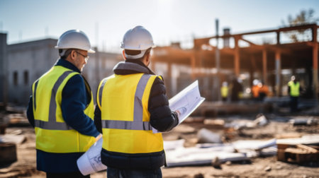 A team of construction engineers talks to managers and construction workers at the construction site. Quality inspection, work plan, home and industrial building design projectの素材