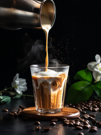 coffee latte with cream being poured into itの素材