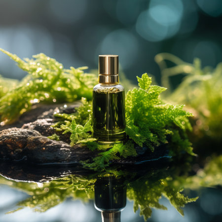 Cosmetic bottle mockup on natural green outdoors botanical background with plants, flowers and wooden elements, beauty product container commercial branding ready templateの素材
