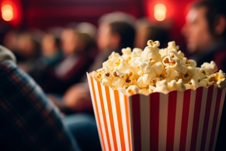 Close up a popcorn in paper stripped bucket on red soft armchair on blurred cinema hallの素材
