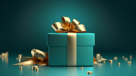 Blue Gift Box or Present Box with golden ribbon bow with bokeh lights. Christmas. Front view.の素材