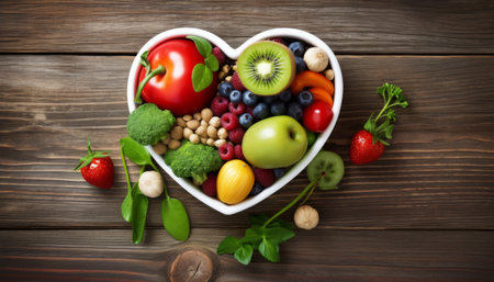 a heart shaped plate filled with a colorful assortment of fresh fruits and vegetables perfect for promoting healthy eating habits and a balanced dietの素材