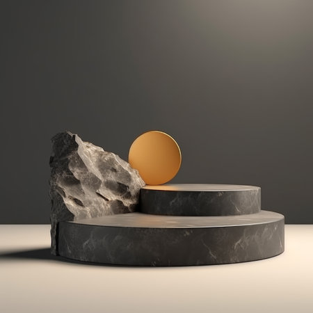 Luxury natural stone podium with gold elements for showing packaging and product on natural background, copy spaceの素材