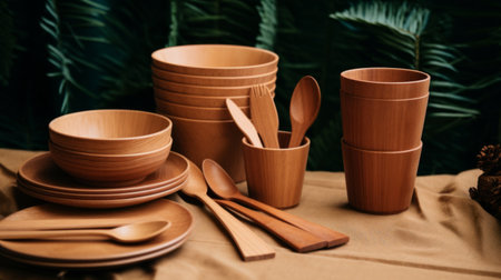 Close-up of various wooden plates and bowls showcasing natural wood grain and craftsmanship.の素材