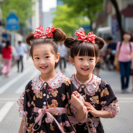Two smiling asian girls dressed in colorful traditional garmentsの素材