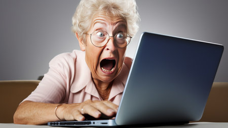Shocked and surprised elderly woman on the internet with laptop computerの素材