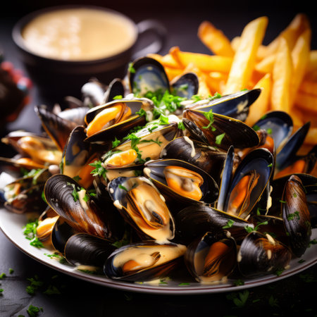 A dish of steamed mussels in a creamy sauce, garnished with parsley, served with friesの素材