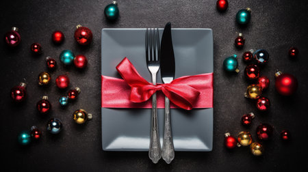 Elegant Christmas dining with decorated plate, cutlery, and red ribbonの素材