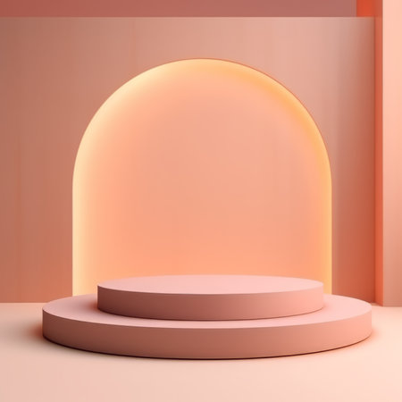 Peach or pink podium stage backdrop for product display stand or used in other designs 3d rendering. 3d illustration template minimal style concept.の素材