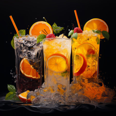 Three cold cocktails with condensation, adorned with citrus slices and mintの素材