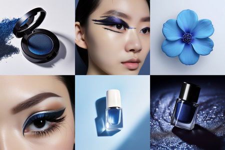 A collage of a woman, blue flower, mascara, and nail polish - blue aestheticの素材
