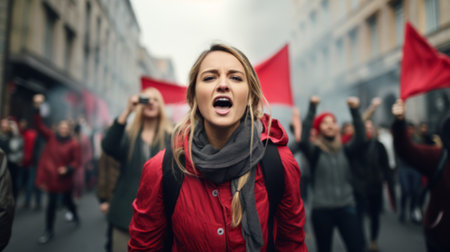 Demonstrations and protests on the city streets. A young woman shouts a cry against the backdrop of a crowd of peopleの素材